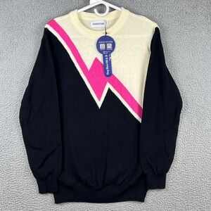 OXKNIT STORE Women Lightning Bolt Colorblock Crewneck Sweater Black Pink Cream L